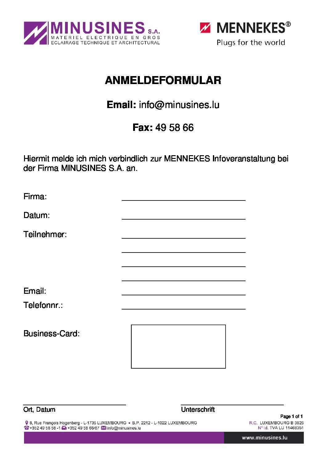 Anmeldeformular – Minusines S.A.