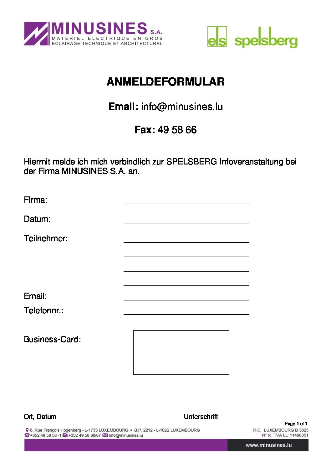 Anmeldeformular | Minusines S.A.
