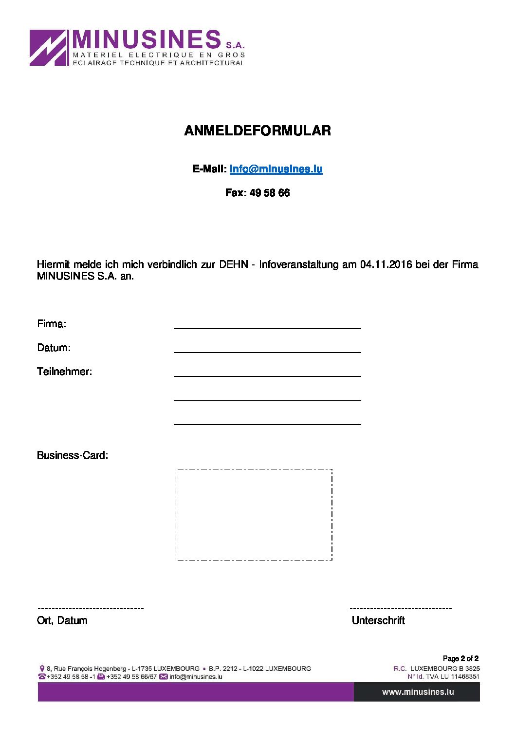 Anmeldeformular | Minusines S.A.